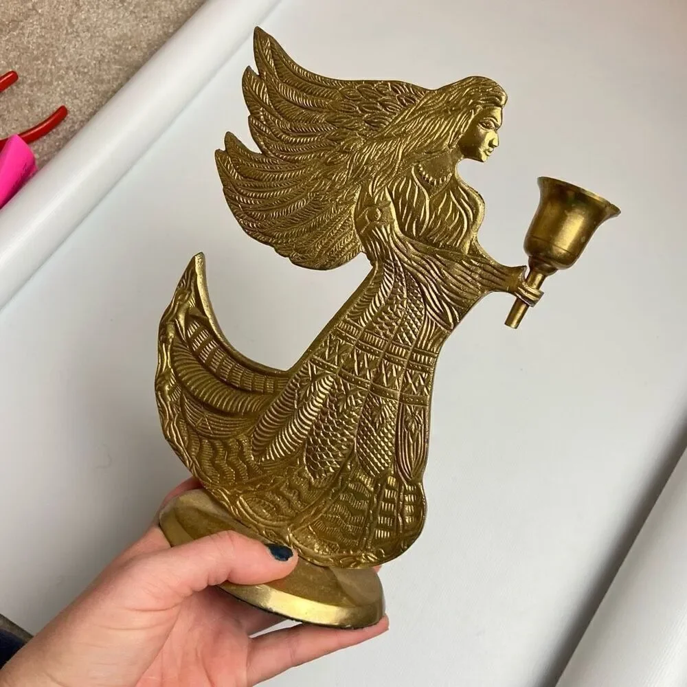 Three Vintage Solid Brass Decor Holiday Christmas Angel Taper Candle Holders